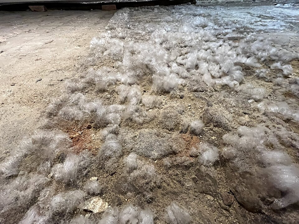 Dépôts blancs répartis sur les briques du sol d’une cave.