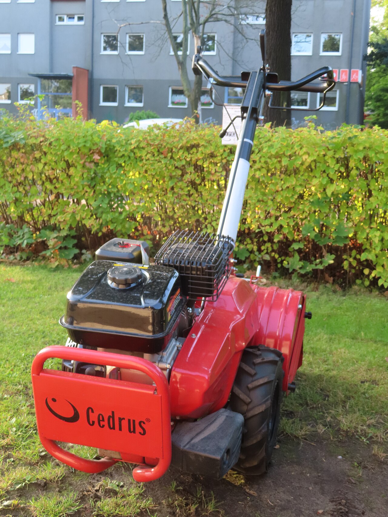 Motobineuse rouge et noire posée au jardin, avec guidon et carters de fraises.