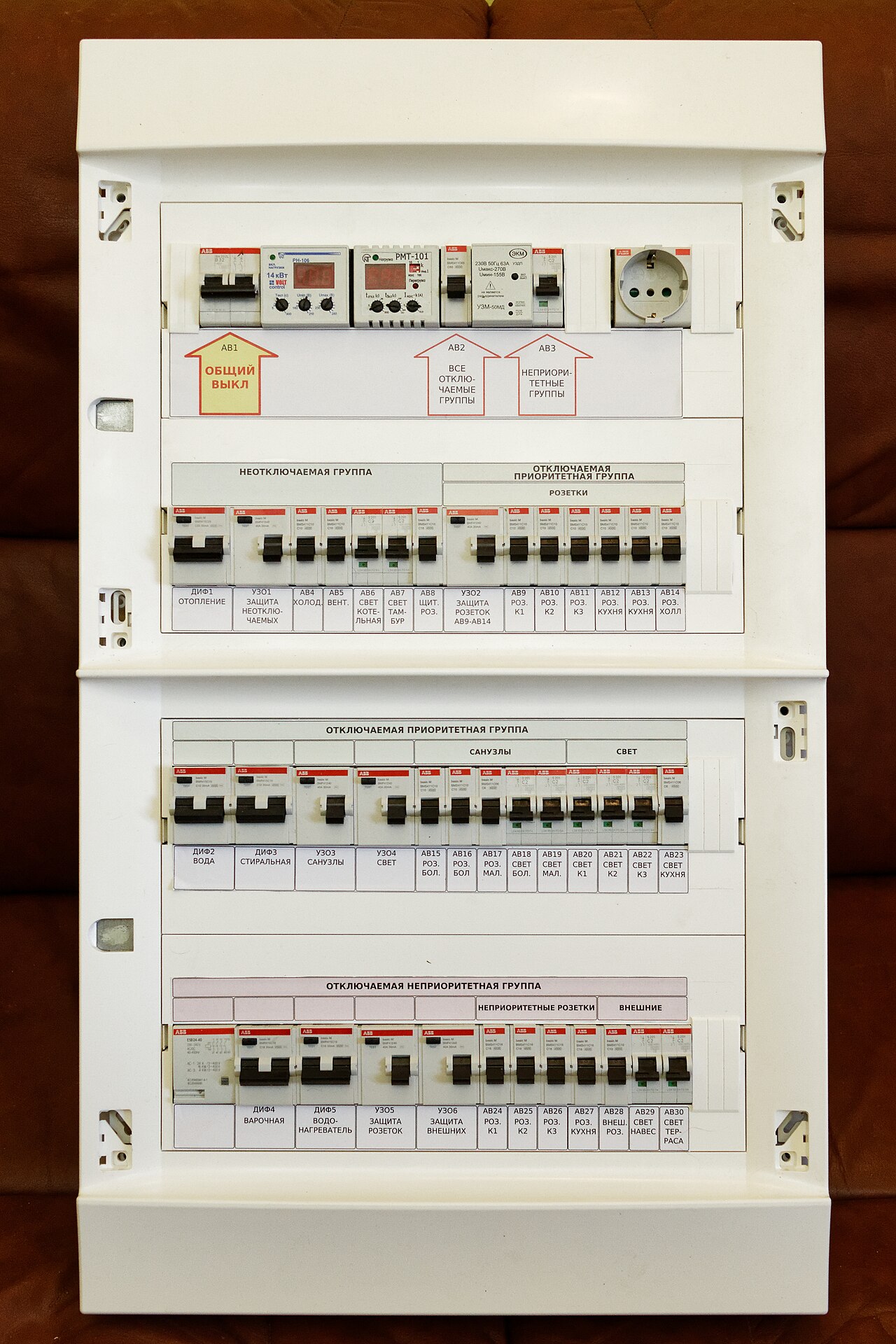 Tableau électrique domestique à plusieurs rangées, avec protections modulaires.